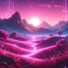 Dreamy pink landscape with glowing river