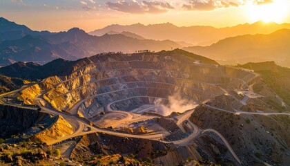 Open pit mine in hilly, golden sunset