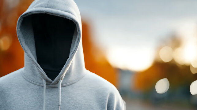 A mysterious figure in a grey hoodie stands against a blurred autumn backdrop, embodying anonymity and intrigue in urban life.