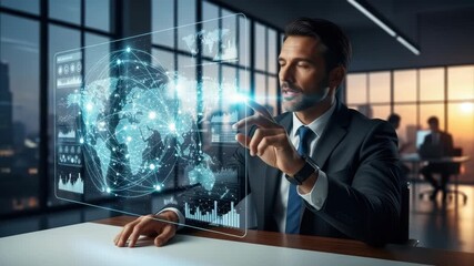 businessman in suit interacts with transparent holographic display showing glowing world map network data charts and graphs His finger highlights an element in modern office with sunset cityscape - Powered by Adobe