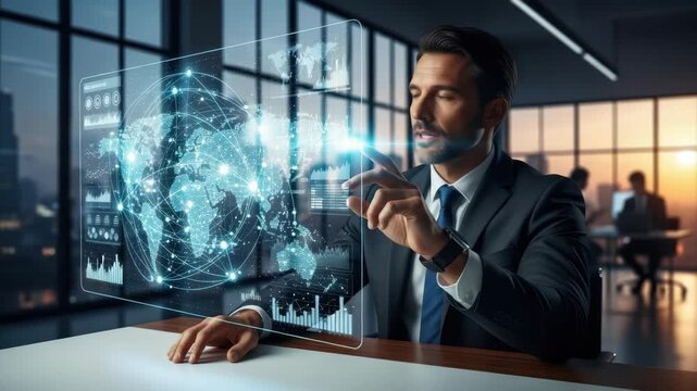 businessman in suit interacts with transparent holographic display showing glowing world map network data charts and graphs His finger highlights an element in modern office with sunset cityscape