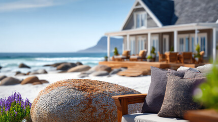Obraz premium A serene beachside view featuring cozy seating, colorful pillows, and a picturesque house against a backdrop of waves and rocks.