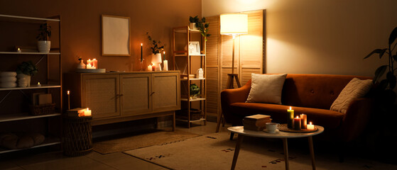 Interior of dark living room with sofa, shelf units and burning candles