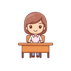 A cartoon of a woman is sitting behind her desk, looking forward with a friendly smile. This scene is perfect for a study