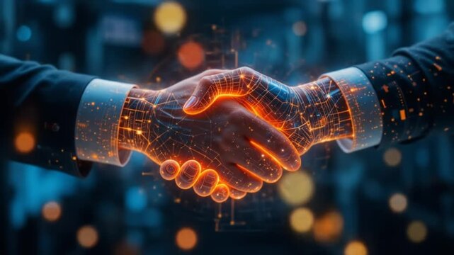 Two glowing digital hands shaking, symbolizing trust and technology. 4k video