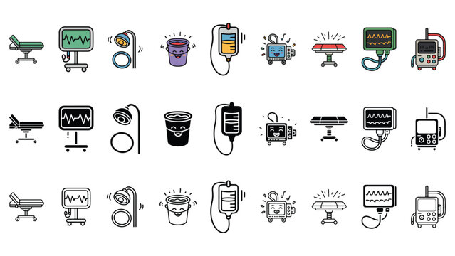 Medical Equipment Icon Set Cartoon Style of Hospital Bed IV Bag ECG Monitor Otoscope Specimen Container Infusion Pump for Healthcare Design
