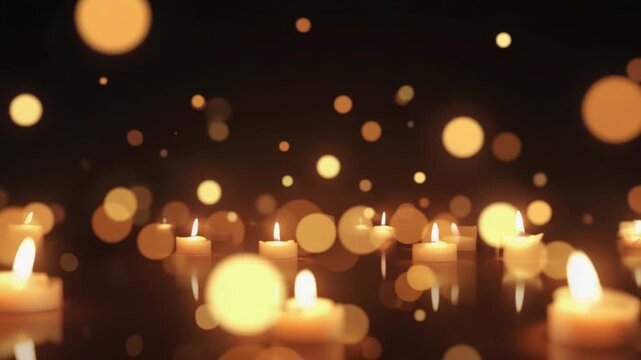 Many lit candles with a soft glow and bokeh lights floating in the dark background scene setting bokeh light blur background patterns video