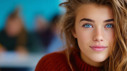 A young woman with long, wavy hair and striking blue eyes, looking directly at the camera with a warm and inviting expression.