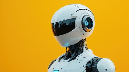 A white robot with a camera eye stands against a yellow background.