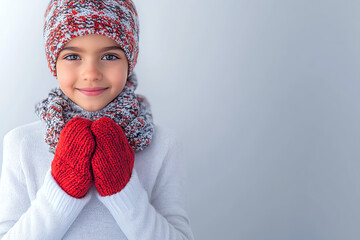 Cheerful girl in winter attire, smiling warmly with red mittens and a colorful hat against a simple background, radiating joy.