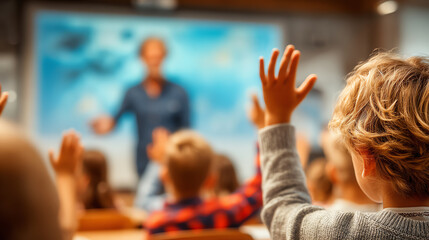 Children actively participating in a classroom setting, raising hands to answer questions with enthusiasm and engagement.