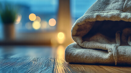 Cozy hoodie resting on a wooden floor, with a warm, inviting background ambiance. Perfect for fall or winter settings.