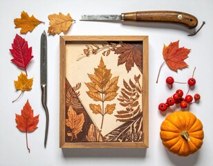 Autumn leaves display on white