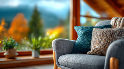 Cozy living room scene featuring a comfortable sofa adorned with colorful cushions, inviting relaxation and warmth.