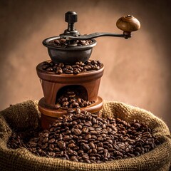Antique coffee grinder and coffee beans