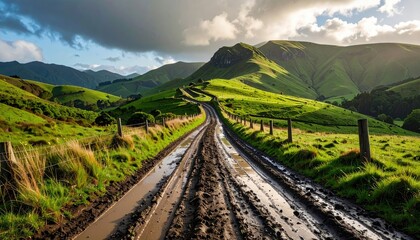 Muddy road winds through green hills