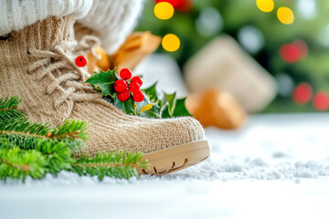 Cozy winter footwear adorned with holly, capturing the festive spirit of the holiday season in a serene setting.