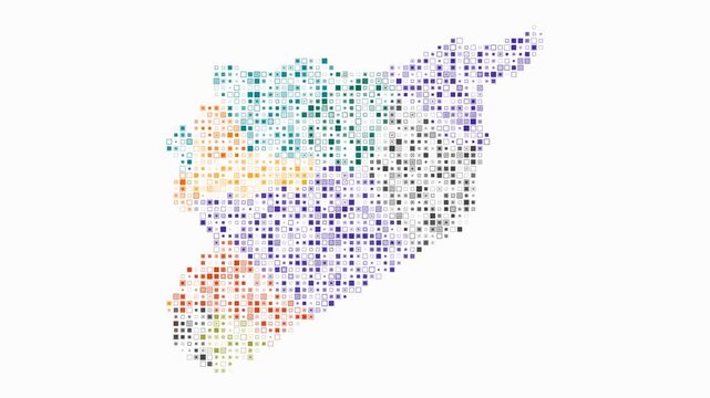 Syria animated country shape. Pulsating colored dots on the map of the country. Small size square blocks. Digital style Syria map on white background. Abstract animation video.