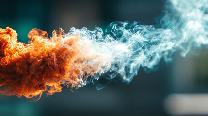 Dynamic smoke swirl with vivid orange and blue hues, creating a captivating visual effect against a blurred background.