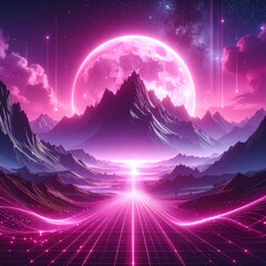 Neon moon over mountains and a grid