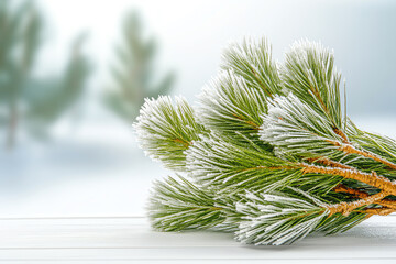 Frosted pine branches resting on a wooden surface, highlighting the beauty of winter's touch on nature.