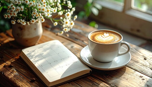 Coffee, flowers and open calendar on wood