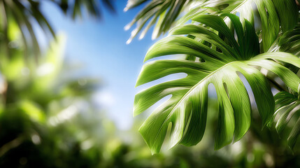 Lush green leaves create a vibrant tropical atmosphere, showcasing nature's beauty and serenity under soft sunlight.