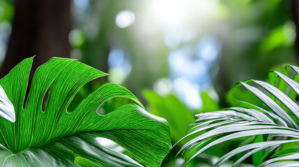 Lush green leaves basking in soft sunlight, creating a vibrant and tranquil atmosphere in a tropical setting.