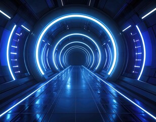 Futuristic corridor with neon rings