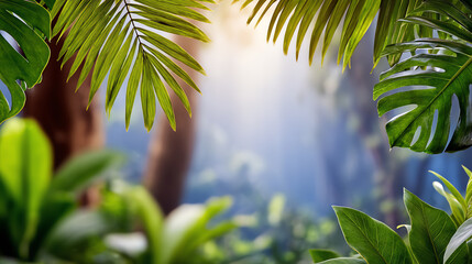 Lush tropical foliage bathed in gentle sunlight, creating a peaceful and serene atmosphere in a vibrant natural setting.