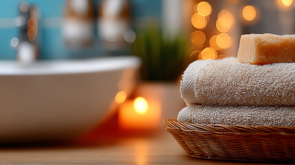 Relaxing bathroom scene with soft towels, natural soap, and warm ambiance created by candles and a soothing atmosphere.