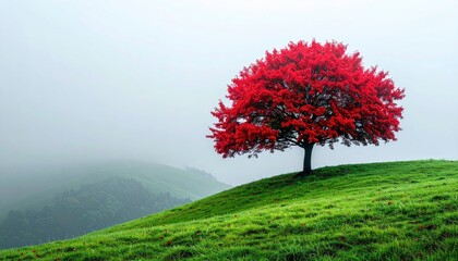 Bright red tree on a grassy hillside