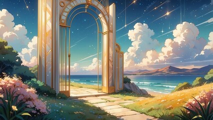ゲーム背景　キラキラ天国の門の入口扉風景