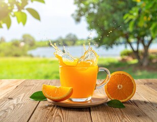 Orange juice splash on wood table