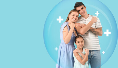 Family with medical patches after vaccination showing muscles on blue background