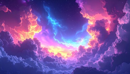 Naklejka premium Vibrant Dreamscape Sky with Luminous Clouds and Celestial Hues.