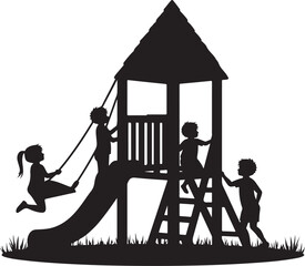 Children playing on a black silhouette playground structure