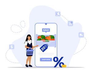 Grocery promotion concept illustration. Suitable for landing page, ui, web, App intro card, editorial, flyer, and banner.