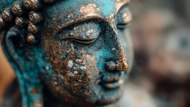 Serene Close Up of Ancient Textured Buddha Statue with Patina and Gold Accents.