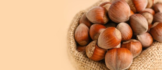 Bag of tasty hazelnuts on beige background with space for text, closeup
