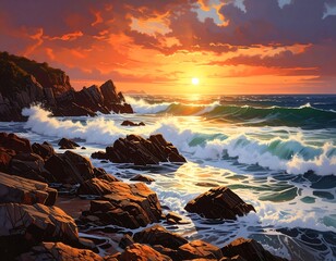 Obraz premium Beautiful Sunset Ocean Landscape with Waves Crashing on Rocky Coastline