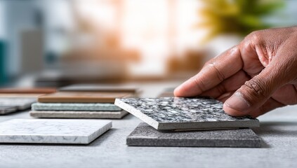 Hand selecting a tile sample from a variety of colors and textures. Natural light