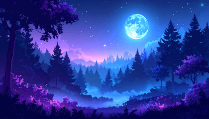 Moonrise Over Misty Pine Valley. Violet Night Hills, Shining Moon. Dreamy Alpine Forest at Dusk. Starry Valley View, Cool Twilight. Mystic Pines in Lavender Night. Serene Mountain Vista by Moonlight