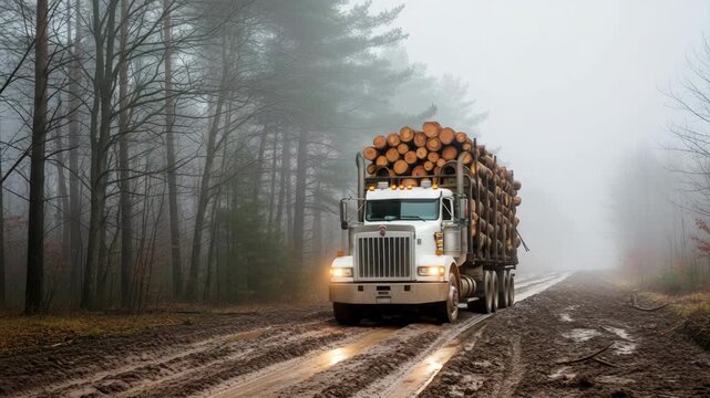 heavy white logging truck laden with cut timber navigates deeply muddy forest road shrouded in dense fog Bare trees line the misty desolate path Headlights illuminate the murky terrain