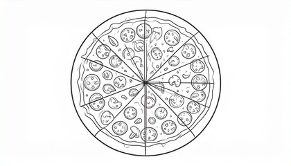 Fototapeta premium Hand-drawn black and white pizza with toppings, perfectly sliced.