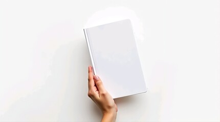 Hand presenting an open notebook isolated on clean background