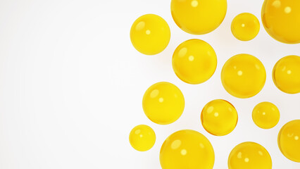 3D Illustration.Multiple yellow water droplets on a white background. Background material. Copy space. (Horizontal)