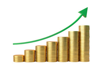 Gold coins stacked in increasing order with a green arrow graph isolated on transparent background
