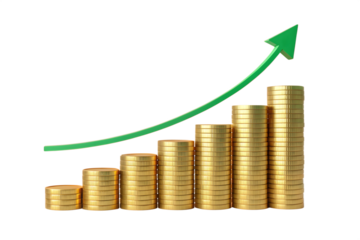 Gold coins stacked in increasing order with a green arrow graph isolated on transparent background