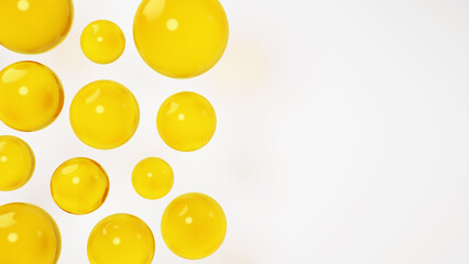 3D Illustration.Multiple yellow water droplets on a white background. Background material. Copy space. (Horizontal)